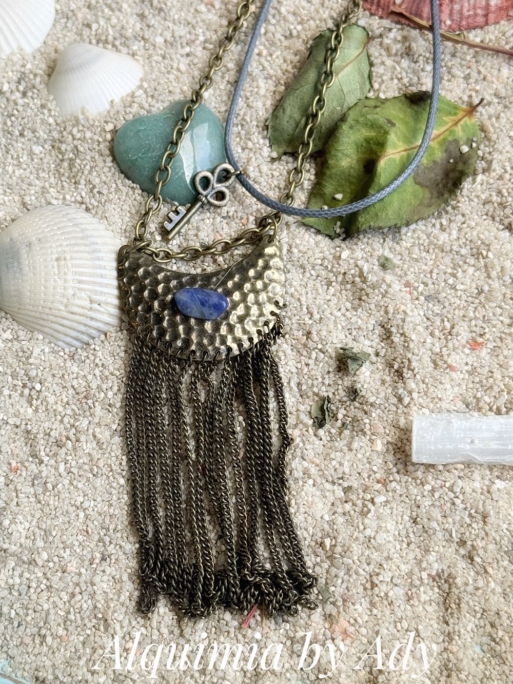 Layered cord ANTIQUE MOON  Necklace LAPIS Stone Dark Chain Fringe MONUMENTAL